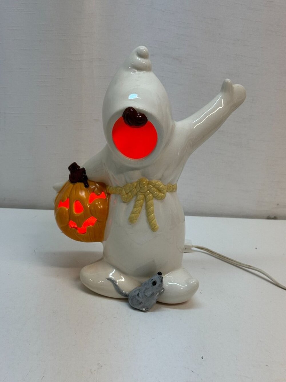 Vintage Ceramic Halloween Lighted Ghost Holding a Jack-O-Lantern - Picture 3 of 8